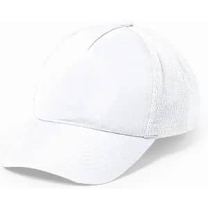 A white cap with a mesh back and a solid front panel, featuring a curved brim.