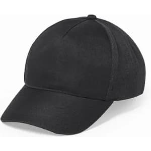 A black cap with a structured design and a curved brim, featuring mesh side panels and a logo.