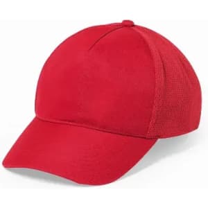 A red cap with a solid front and mesh sides, featuring a curved peak and a classic design.