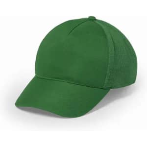 A green cap with a structured front and mesh sides. It features a curved brim and has a logo.