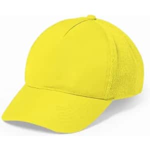 A yellow cap with a structured front and mesh back, featuring a curved brim. It has a branding logo.
