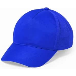 A blue baseball cap with a curved brim and mesh panels on the sides. It features a simple design and has no visible logo.