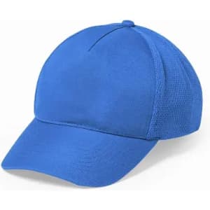A blue cap featuring a solid front panel and mesh back, showcasing a simple design.