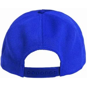 A blue cap featuring a textured fabric and an adjustable strap at the back, with a logo present.