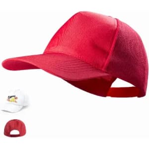A red cap with a curved brim and an adjustable strap, featuring a logo on the front.