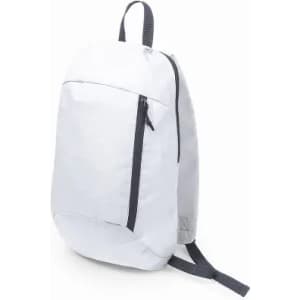 A white backpack featuring a front zipper pocket and black straps. The bag has a smooth, minimalist design.