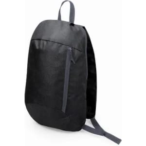 A black backpack with a front zip pocket and adjustable straps. It has a simple design and a textured finish.