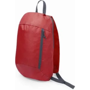 A red backpack with a front zip pocket and grey straps, featuring a simple and sleek design.
