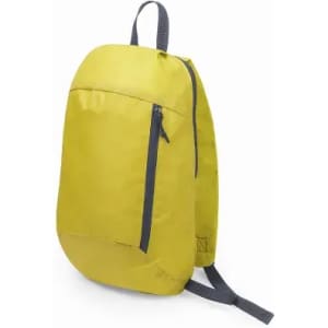A yellow backpack with a grey zip pocket, featuring adjustable straps and a sleek design.