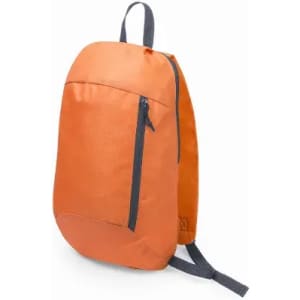 An orange backpack with a zippered front pocket and dark grey straps. It has a simple, modern design.