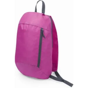 A pink backpack featuring a zippered pocket and adjustable straps, with a sleek design.