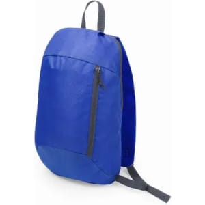 A blue backpack with a zippered front pocket and grey straps, featuring a rounded design.