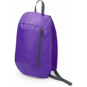 A purple backpack with a front zipper pocket and grey straps, featuring a simple design.