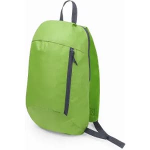 A green backpack with a zippered pocket on the front and grey shoulder straps, designed for casual use.