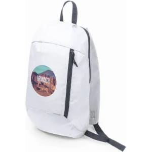 A white backpack featuring a scenic logo, with a zippered front pocket and adjustable straps.