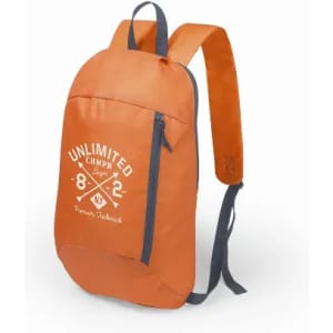 An orange backpack with a blue strap, featuring a logo and the text "UNLIMITED CHAMPION".