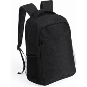 A black backpack featuring adjustable straps and side mesh pockets. It has a smooth fabric texture and a simple design.