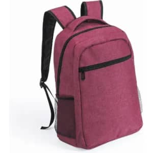 A maroon backpack with a main compartment, front pocket, and mesh side pocket, featuring adjustable straps.