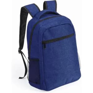 A blue backpack with adjustable straps, featuring a front zip pocket and mesh side pockets.