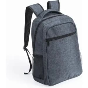 A grey backpack with adjustable straps and a front zip pocket, featuring a mesh side pocket.