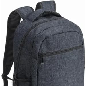 A grey backpack with padded straps and multiple compartments, featuring a zippered front pocket.