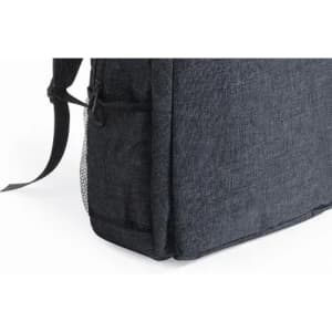 A dark grey backpack with a textured fabric, featuring adjustable straps and a mesh side pocket.