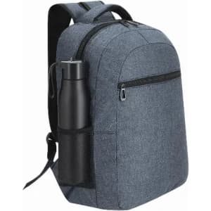 A grey backpack featuring a side pocket for a drink bottle and a branding logo.