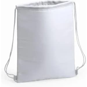 A drawstring backpack in white with adjustable straps and a simple design. It has a smooth finish and minimal features.