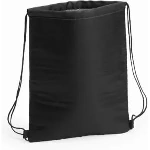 A black drawstring bag with a simple design and an opening at the top for easy access.