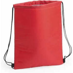 A red drawstring bag with black cords for easy carrying, featuring a simple design.