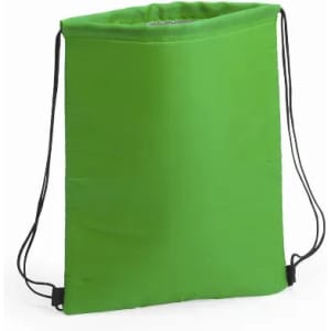 A green drawstring bag with a simple design and black drawstrings. It has no visible text or logos.