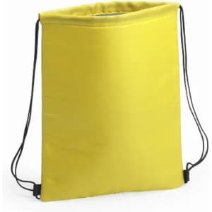 A drawstring backpack in bright yellow with black cords. Simple and lightweight design.