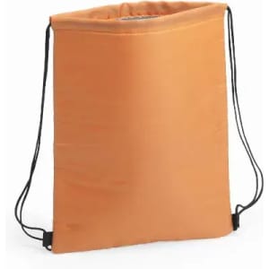 A drawstring backpack in vibrant orange, featuring black straps and a simple, smooth surface.
