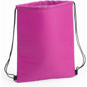 A drawstring bag in vibrant pink with black straps. It has a simple design and no visible branding.
