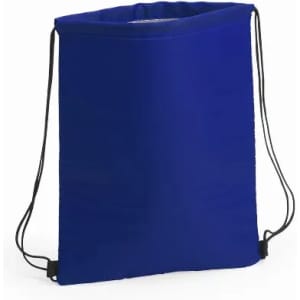 A drawstring bag in vibrant blue colour, featuring black cords for closure and carrying. It has a simple design without logos.