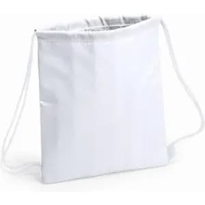 A drawstring bag in white with a simple, minimalist design. It features a logo or branding.