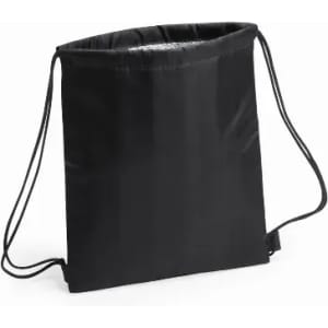 A drawstring backpack in black, featuring a simple design and adjustable cords for closure.