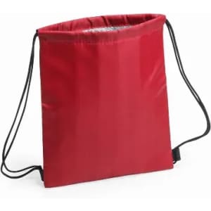 A red drawstring bag with a simple design and two black cords for carrying. It has a branding logo on it.