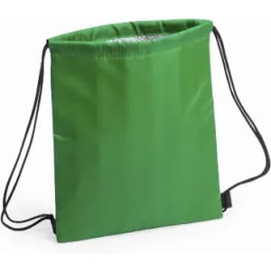 A green drawstring bag made of lightweight material, featuring adjustable straps and a simple design.