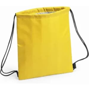 A drawstring bag in bright yellow with black straps and a simple design. Features a logo on the front.