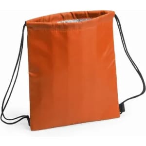 A drawstring bag in vibrant orange, featuring a simple design with adjustable straps.