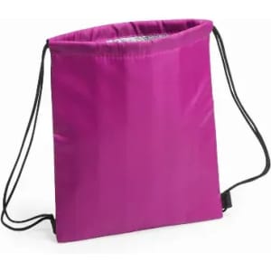 A drawstring bag in bright pink with black shoulder straps and a simple design. It features a logo on the front.