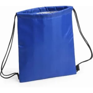A drawstring bag in a vibrant blue colour with black cords and a simple design.