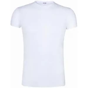 A plain white T-shirt with a short sleeve and V-neck design. The shirt has no visible logos or patterns.