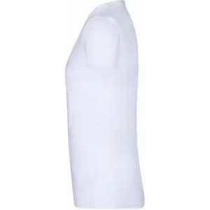 A white t-shirt displayed from the side, featuring a simple design and a smooth fabric texture.