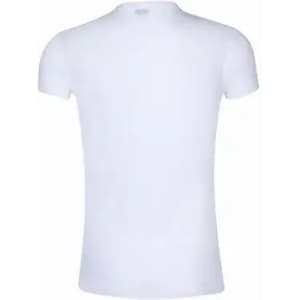 A plain white T-shirt with a fitted design and short sleeves, featuring no visible logos or branding.