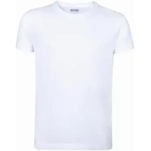 A plain white t-shirt displayed against a neutral background, featuring a round neckline and short sleeves.