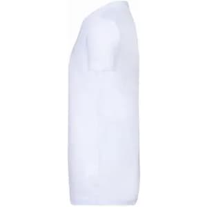 A white t-shirt displayed from the side, featuring a simple design and a neckline. It has a logo on the front.