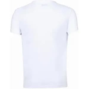 A plain white t-shirt featuring a round neckline and short sleeves, displayed from the back view.