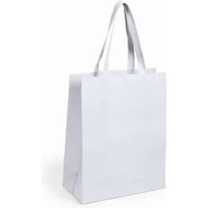 A white paper bag with two handles, featuring a plain design and a rectangular shape.